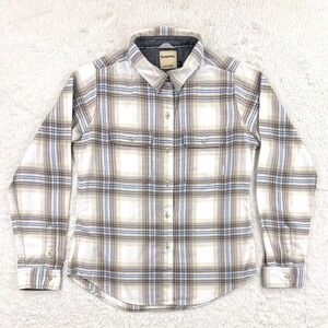 Simms Flannel Shirt Women's Medium Beige Blue Plaid Long Sleeve Organic Recycled